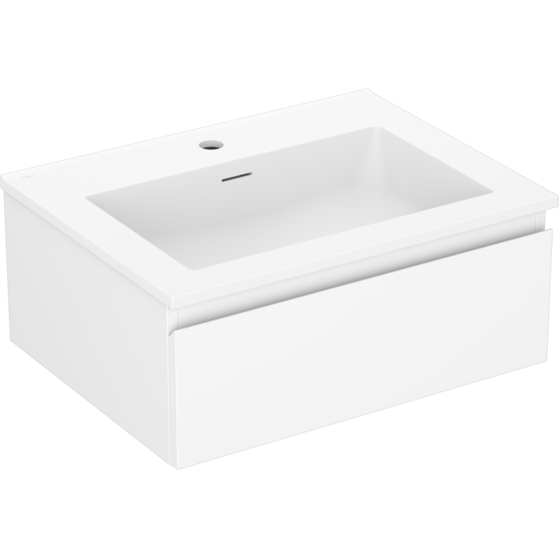 Servantskap med vask 60 cm hvit matt Mexen Orio Otis med stor skuff og armaturhull, sett forfra.