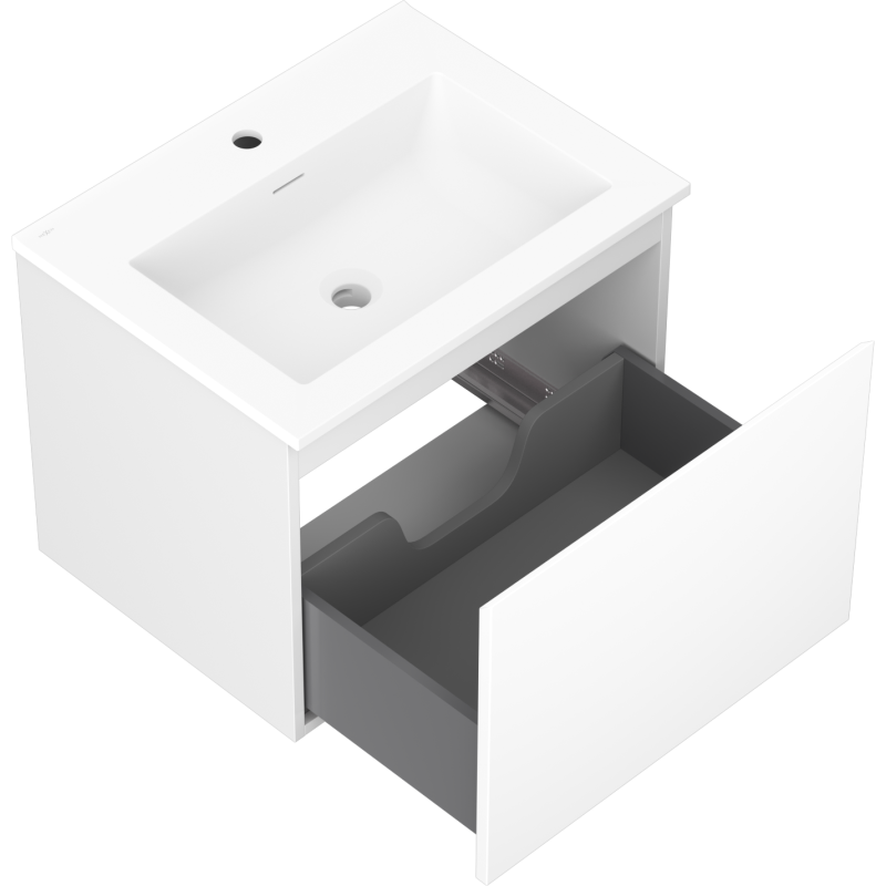 Baderomsskap med vask 60 cm Mexen Orio/Otis, hvit matt, åpen skuff med grå innside og rørutskjæring.