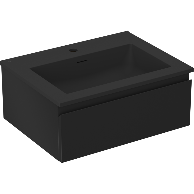 Servantskap med vask 60 cm svart matt med én stor skuff, sett fra skrå vinkel foran.