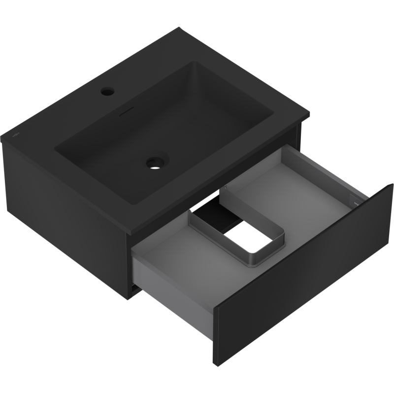 Baderomsskap med vask Mexen Orio 60 cm i svart matt, åpen skuff med utsparing for avløpsrør.