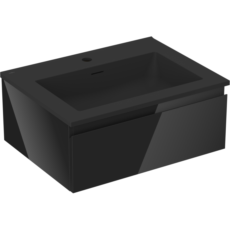 Servantskap med vask 60 cm svart matt med én integrert skuff, sett fra skrå vinkel.