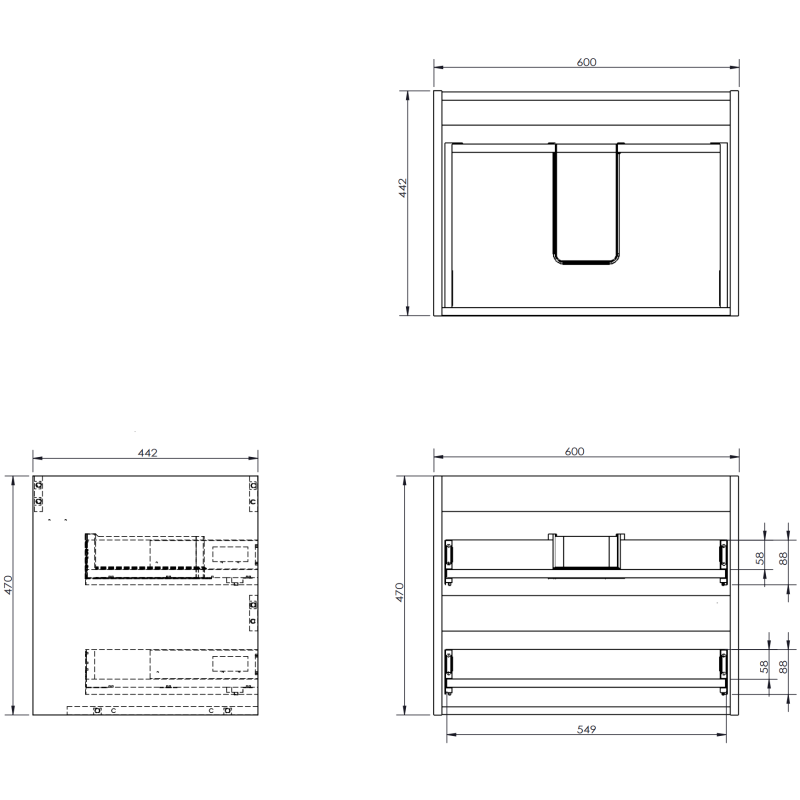 Servantskap med vask teknisk strektegning med mål, sett forfra, ovenfra og fra siden.