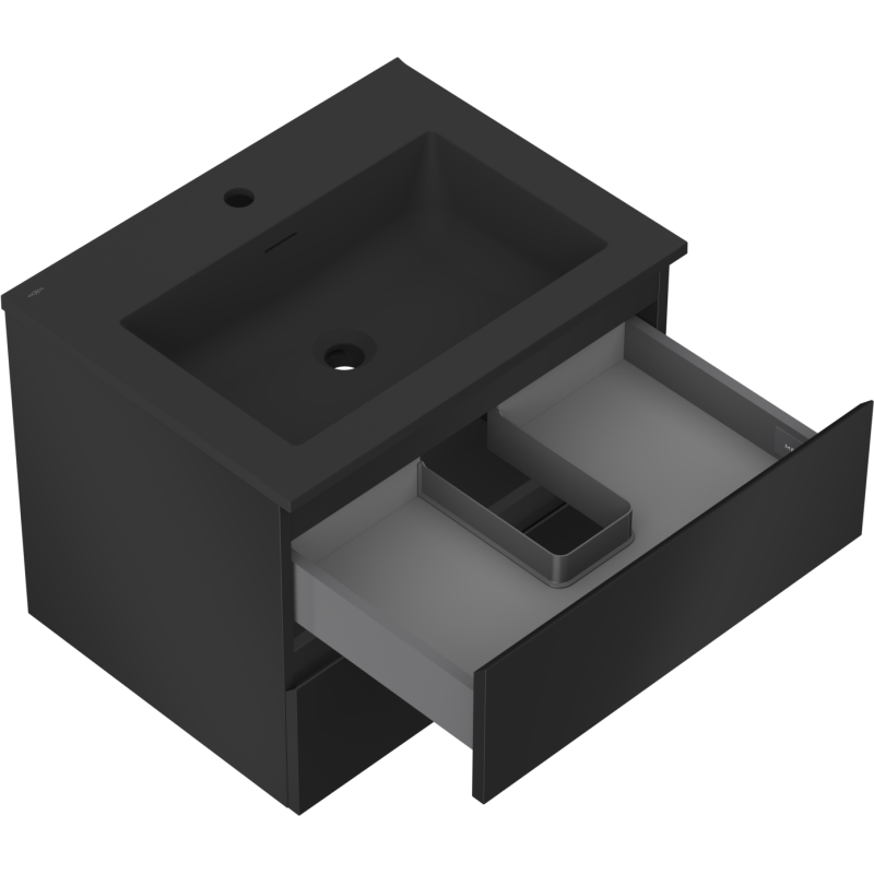 Baderomsskap med vask Mexen Orio 60 cm i svart matt, åpen skuff med rominndeling, sett skrått ovenfra.