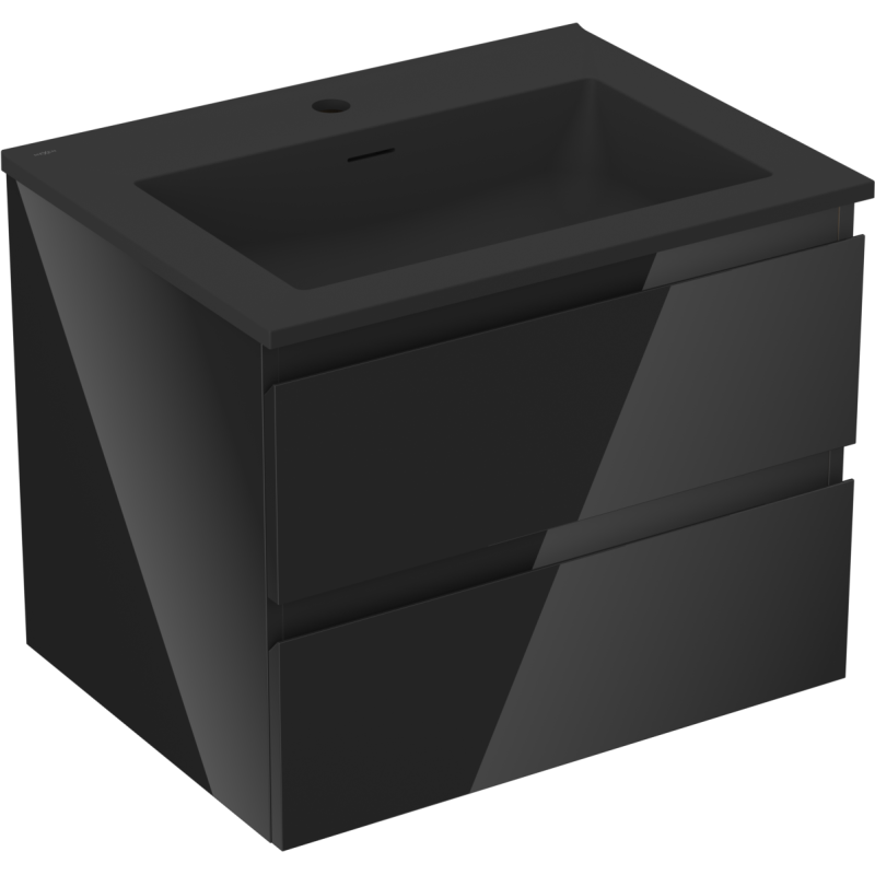 Servantskap med vask 60 cm svart, to skuffer uten håndtak, matt finish, sett skrått forfra.