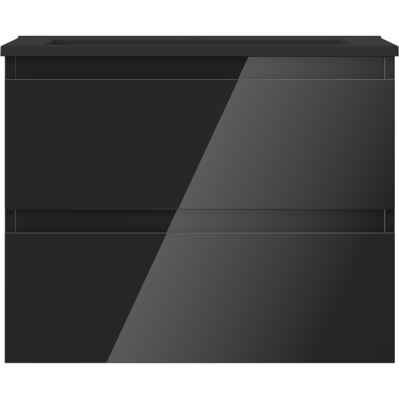 Servant med skap 60 cm svart høyglans, to skuffer, minimalistisk design uten synlige håndtak.
