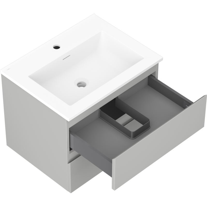 Baderomsskap med vask 60 cm Mexen Orio i hvit og grå, skuff med grå innredning trukket ut.
