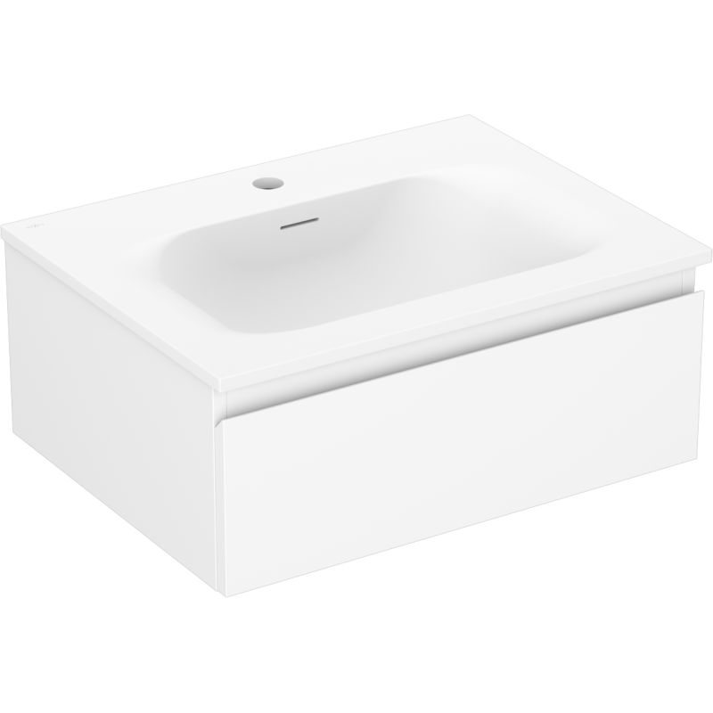 Servantskap med vask 60 cm hvit matt Mexen Orio, sett skrått forfra, med skuff og avrundede kanter.