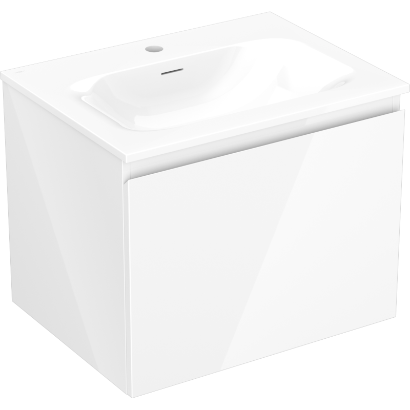 Servantskap med vask 60 cm Mexen Orio i hvit høyglans med én skuff, sett fra skrå vinkel.