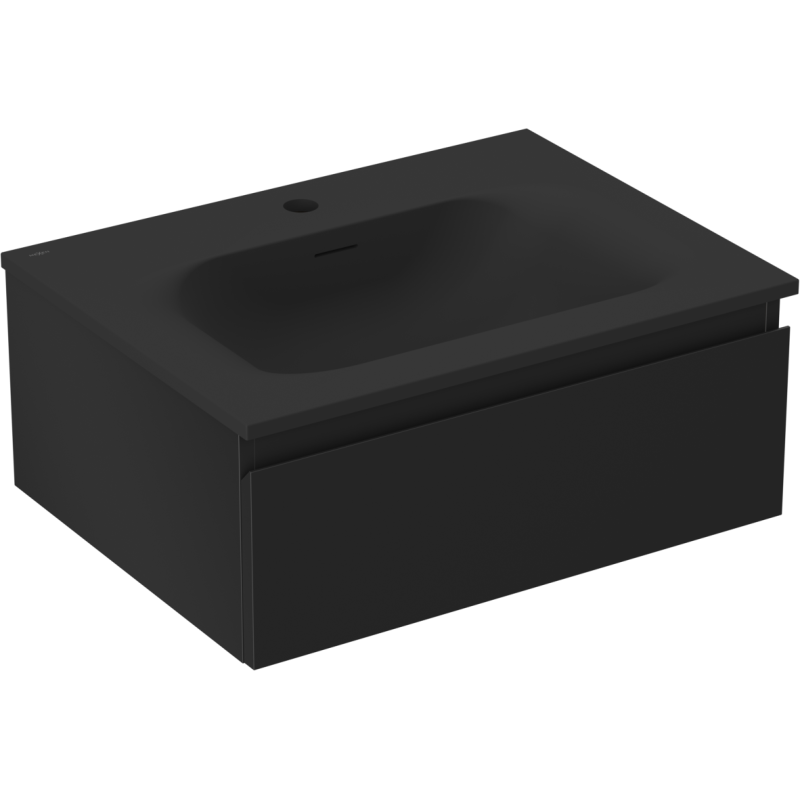 Servantskap med vask 60 cm i svart matt med én stor skuff, sett skrått forfra.