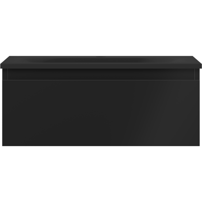 Servant med skap i svart matt finish med rektangulær form og en skuff, sett forfra.