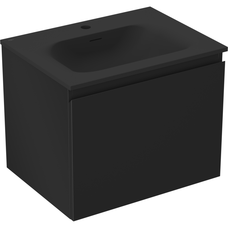 Servantskap med vask 60 cm svart matt, sett skrått forfra med integrert servant og én stor skuff.