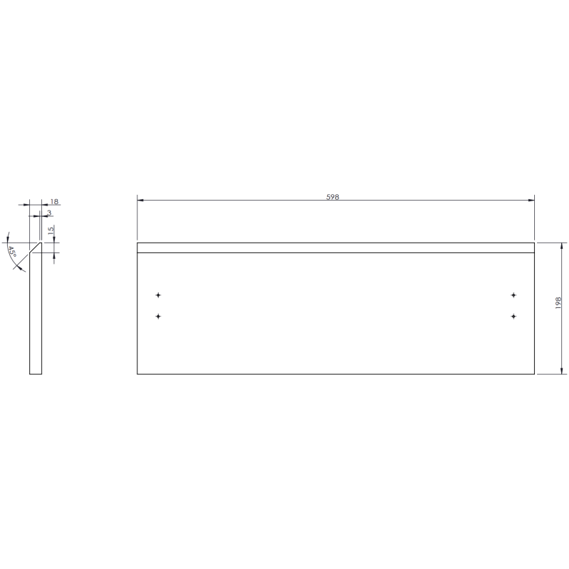 Servantskap med vask teknisk tegning med mål for 60 cm svart modell, sett fra siden og forfra.