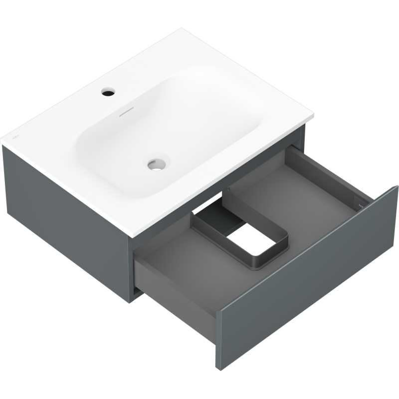 Baderomsskap med vask Mexen Orio 60 cm i grafitt med hvit servant, åpen skuff og rominndeling.