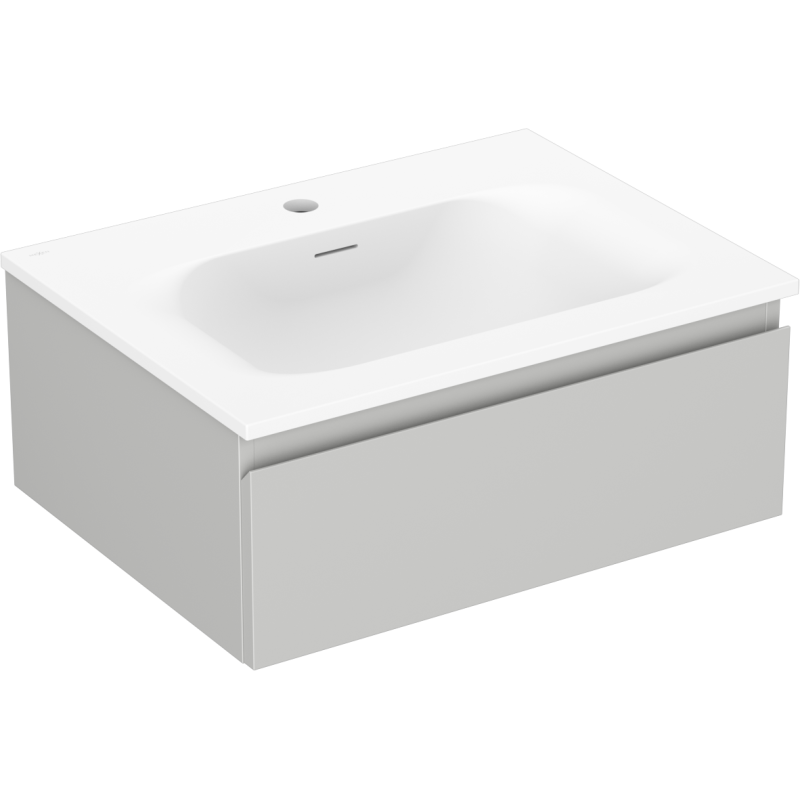 Servantskap med vask 60 cm Mexen Orio, hvit servant med rett front og synlig avløp fra skrå vinkel.