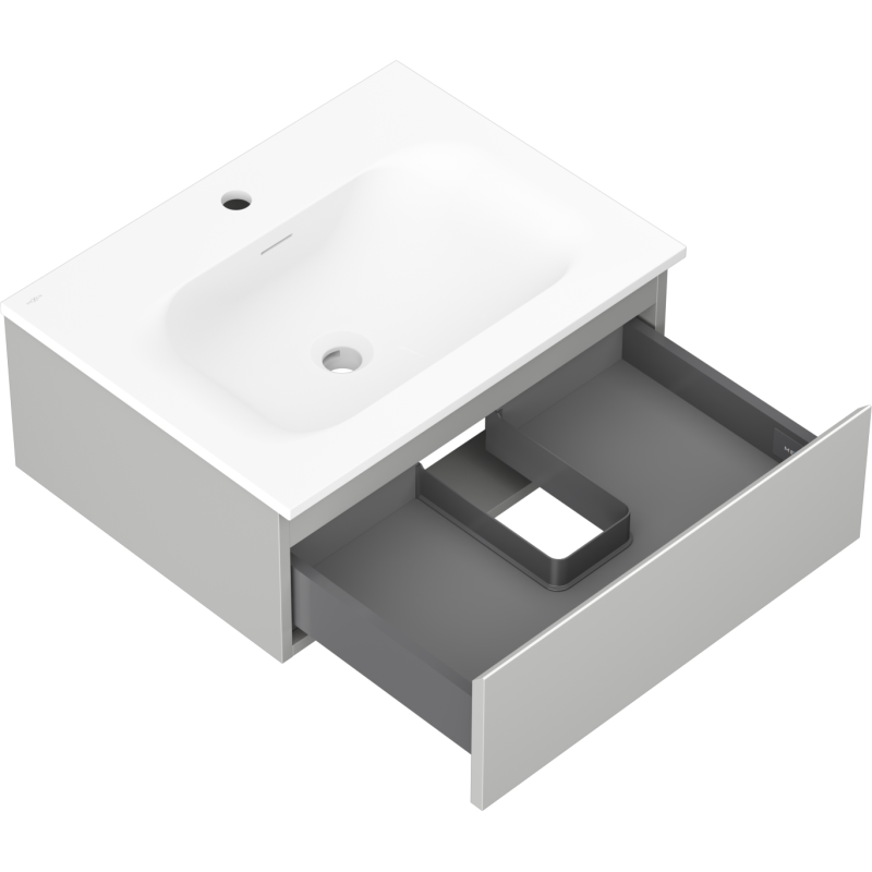 Baderomsskap med vask Mexen Orio 60 cm grå matt, åpen skuff og moderne rektangulær servant.