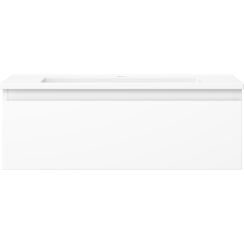 Servant med skap i hvit matt finish, rektangulær front og integrert servant, moderne og håndtaksløst design.