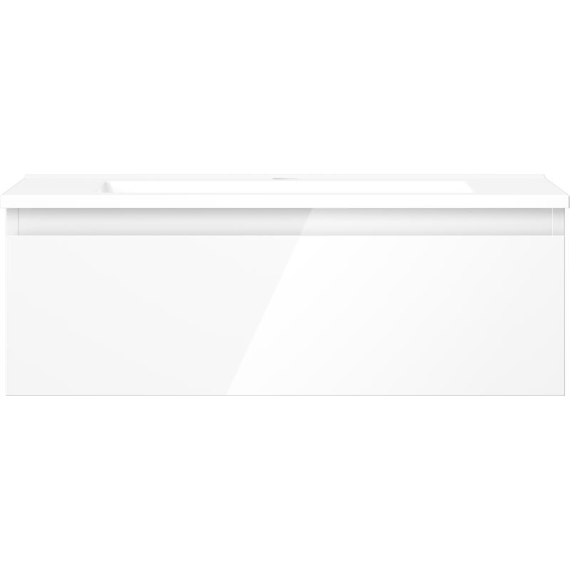 Servant med skap i hvit høyglans, rektangulær form med integrert grep og minimalistisk design.