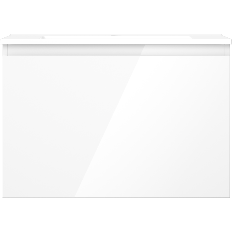 Servant med skap 70 cm hvit høyglans sett rett forfra med glatt overflate uten håndtak.