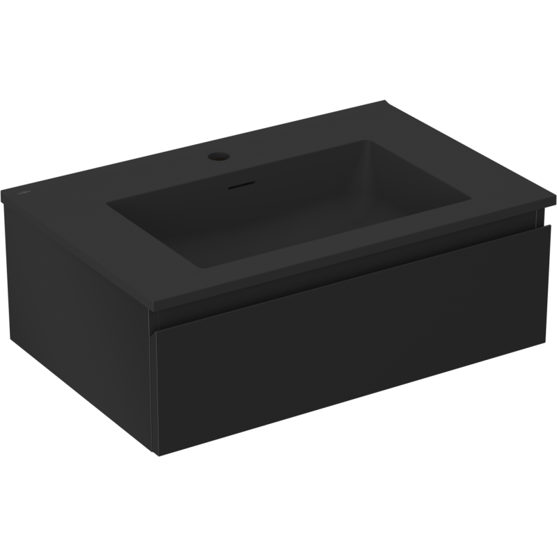 Servantskap med vask 70 cm i svart matt, én skuff og hull for blandebatteri, sett forfra skrått.
