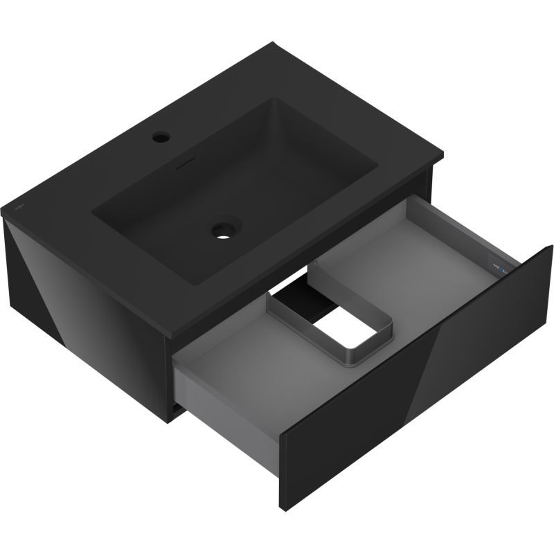 Baderomsskap med vask 70 cm svart, åpen skuff med utsparing for rør, sett fra skrå vinkel.