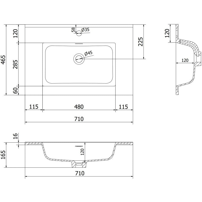 Servant med skap teknisk tegning av hvit rektangulær servant med mål og snitt fra Mexen Orio/Otis.