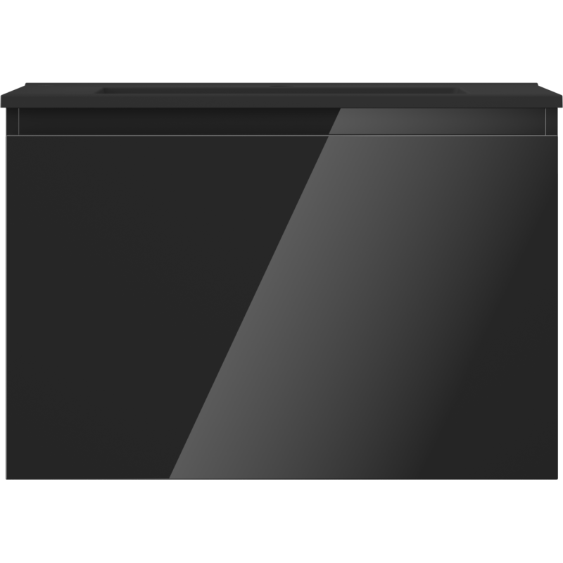 Servant med skap i svart høyglans med én skuff, sett rett forfra.