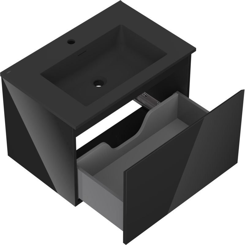 Baderomsskap med vask 70 cm svart Mexen Orio med stor skuff og matt finish, sett fra skrå vinkel.