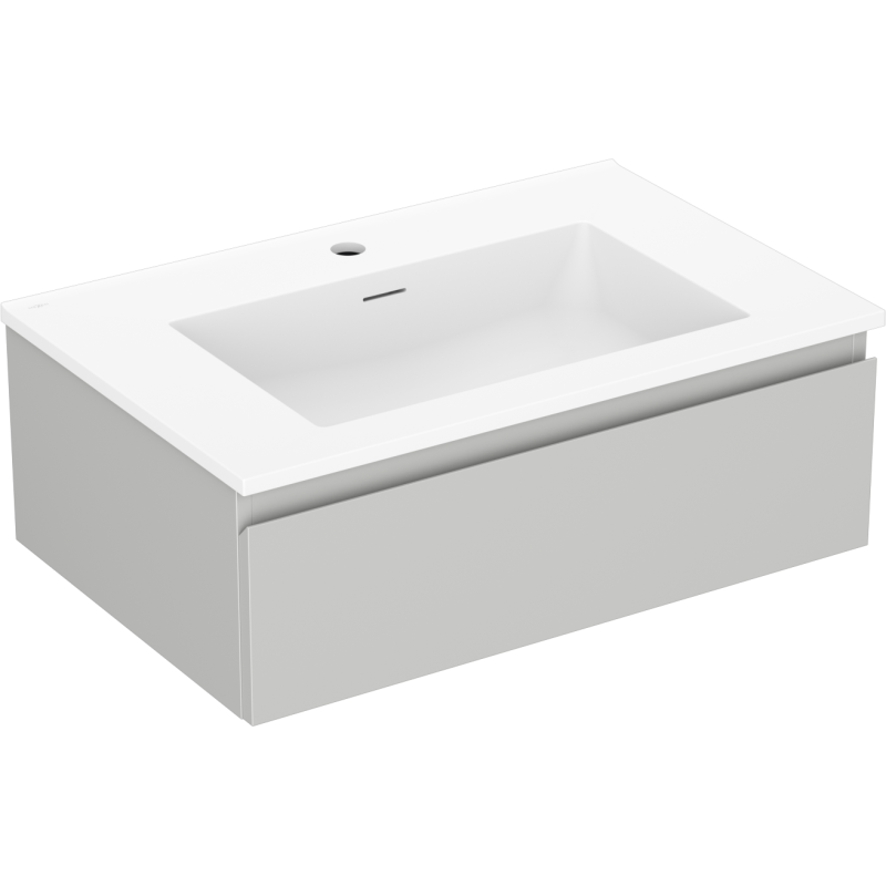 Servantskap med vask 70 cm grå/blå matt med én skuff og integrert servant, sett skrått forfra.