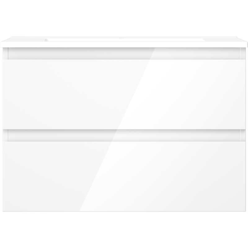 Servant med skap i hvit høyglans med to skuffer, sett rett forfra, uten synlige håndtak.