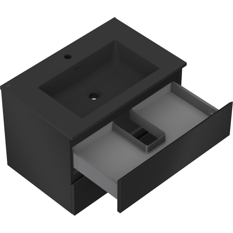 Baderomsskap med vask Mexen Orio 70 cm i svart matt, én skuff trukket ut med rominndeling.