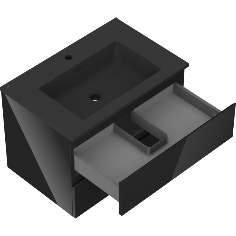 Baderomsskap med vask Mexen Orio/Otis 70 cm i svart med åpen skuff og matt finish, sett ovenfra.