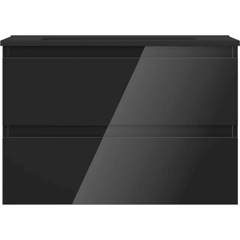 Servant med skap i svart høyglans med to skuffer og glatte fronter uten synlige håndtak.