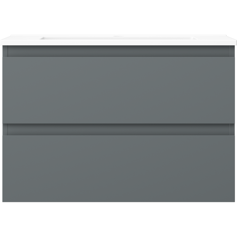 Servant med skap i grafitt matt med hvit topp og to skuffer, sett rett forfra.