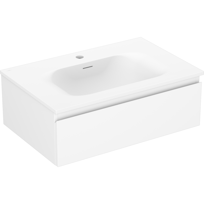 Servantskap med vask 70 cm hvit matt med én skuff, sett skrått forfra med hull for blandebatteri.