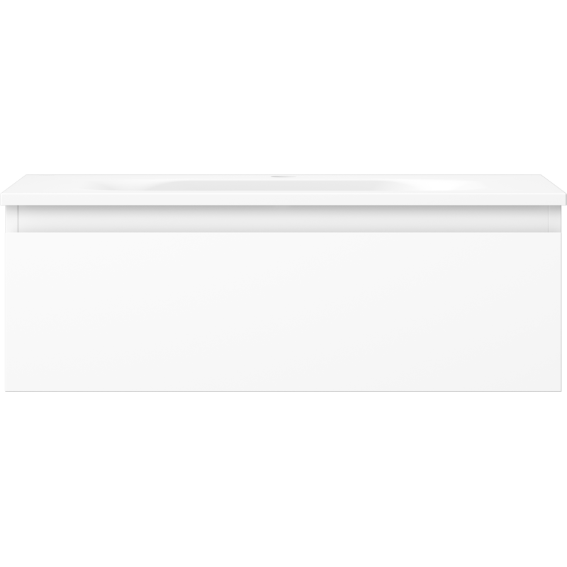 Servant med skap i hvit matt finish, minimalistisk design uten synlige håndtak, sett forfra.