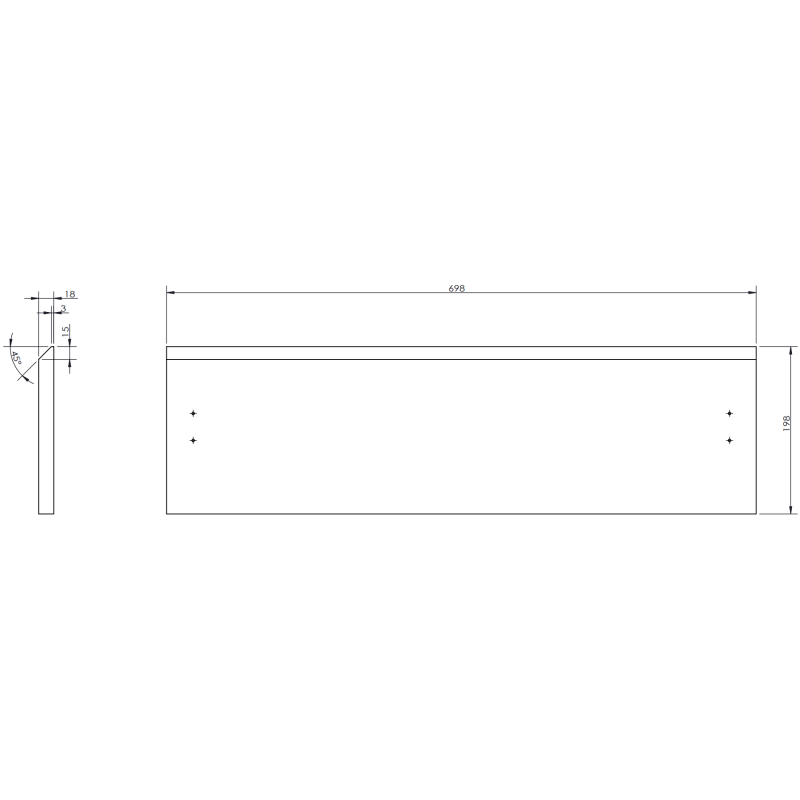 Servantskap med vask teknisk tegning med mål og skrueplassering for Mexen Orio Vela 70 cm.