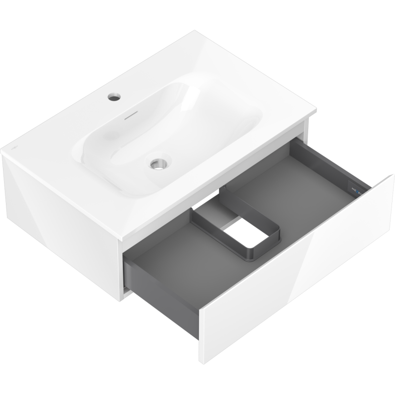 Baderomsskap med vask 70 cm hvit høyglans, åpen skuff med grått interiør og utsparing for rør.