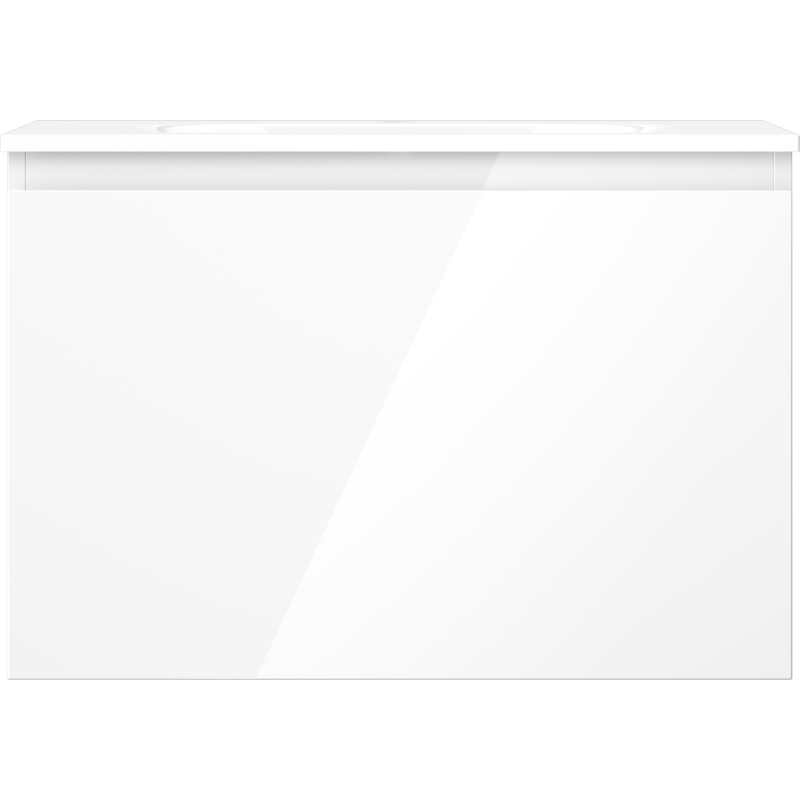 Servant med skap i hvit høyglans, rektangulær design uten synlige håndtak, sett forfra.