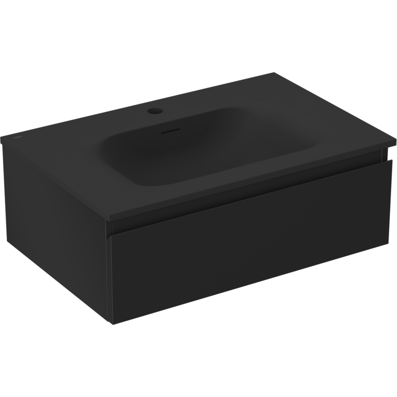 Servantskap med vask 70 cm i svart matt med én skuff, sett fra skrå vinkel forfra.