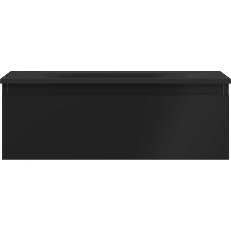 Servant med skap i svart matt utførelse med én skuff, sett rett forfra.