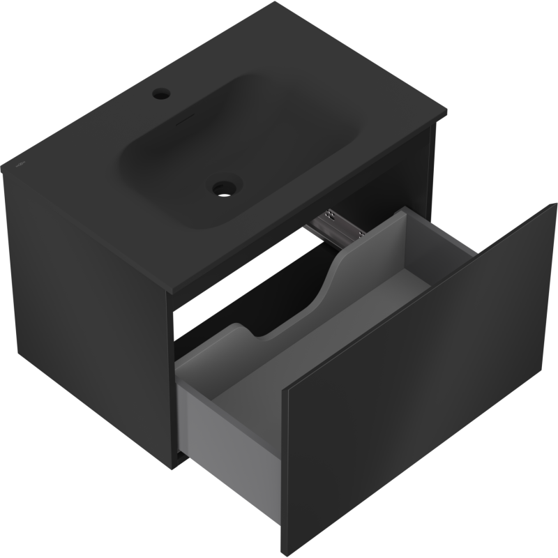Baderomsskap med vask 70 cm svart matt, én åpen skuff med utsparing, sett skrått ovenfra.