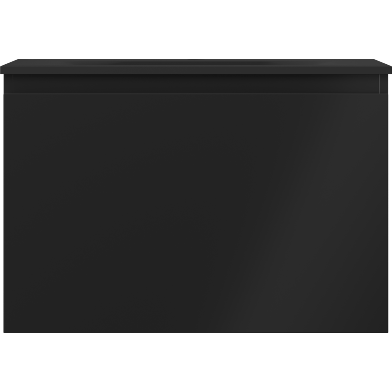Servant med skap i svart matt finish, sett rett forfra med minimalistisk design uten synlige håndtak.