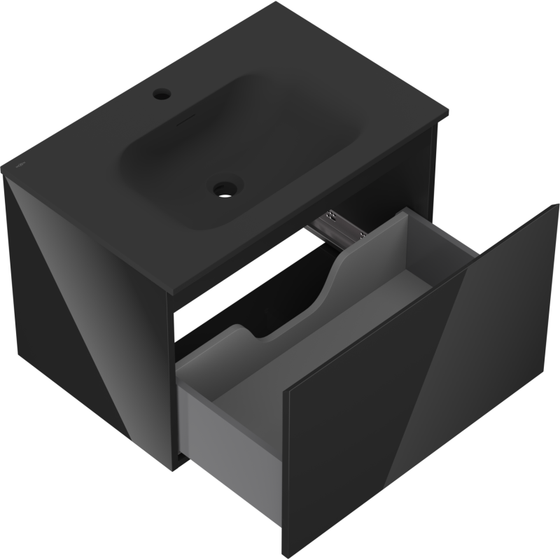 Baderomsskap med vask 70 cm svart Mexen Orio Vela, skrå vinkel, åpen skuff og dyp servant.