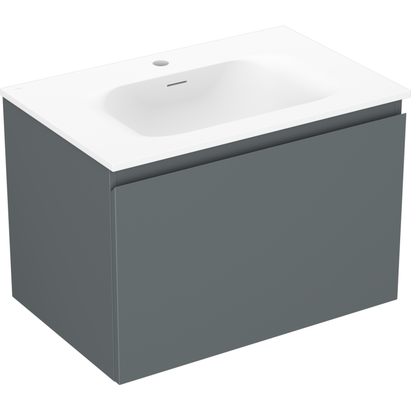Servantskap med vask 70 cm i grafitt matt med hvit servant, moderne design uten synlige håndtak.