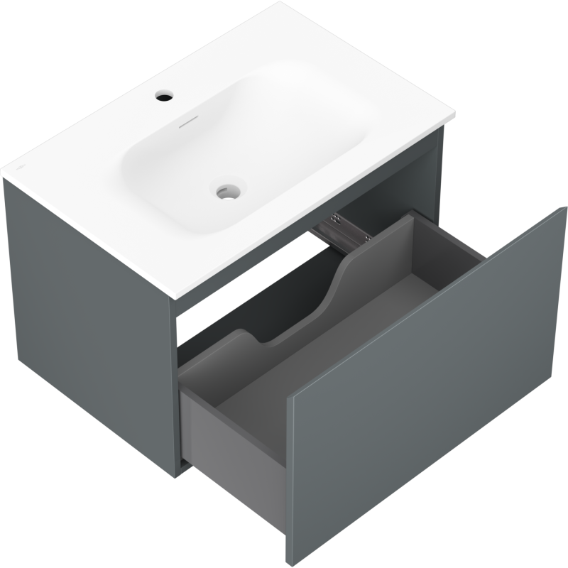 Baderomsskap med vask i grafitt matt/hvit matt, åpen skuff med romdeler og hvit servant sett ovenfra.