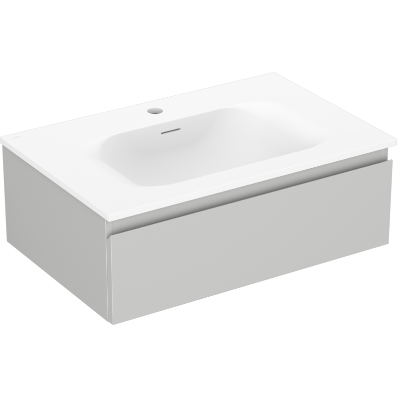 Servantskap med vask 70 cm grå matt/hvit matt med én skuff, sett fra siden og forfra.