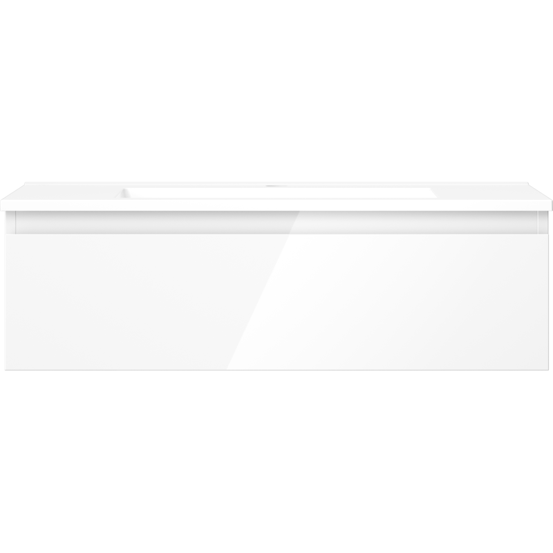 Servant med skap i hvit høyglans, rektangulær Mexen Orio med én skuff, sett forfra.