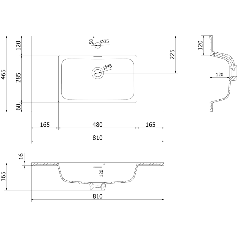 Servant med skap teknisk strektegning med mål for Mexen Orio 80 cm hvit høyglans.