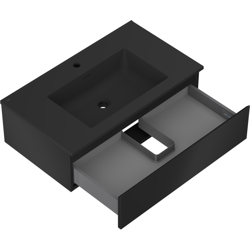 Baderomsskap med vask Mexen Orio 80 cm i svart matt med én skuff, sett skrått ovenfra.