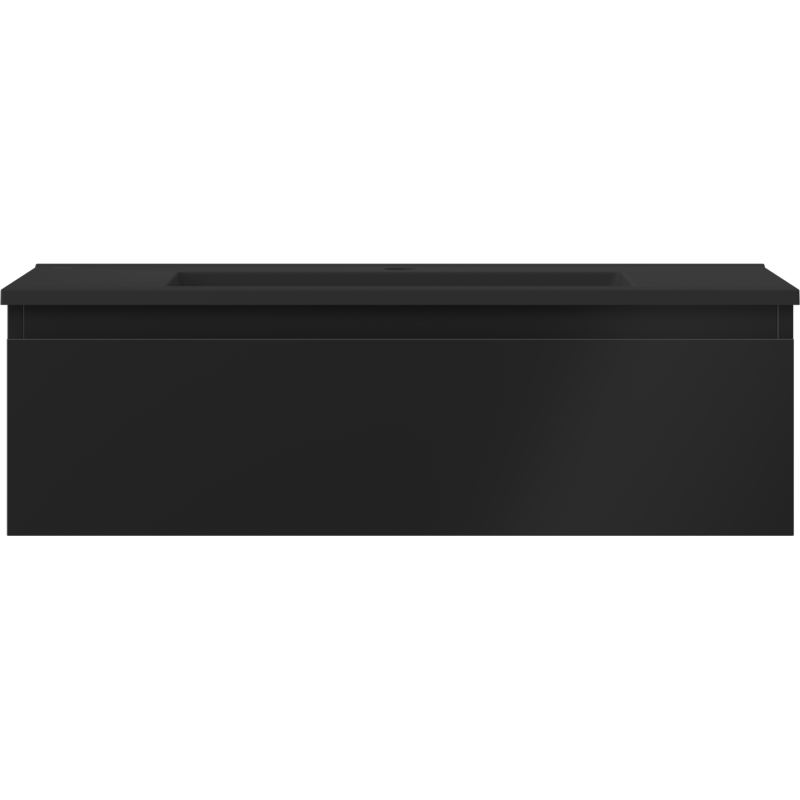 Servant med skap i svart matt finish med integrert servant og én skuff, sett rett forfra.